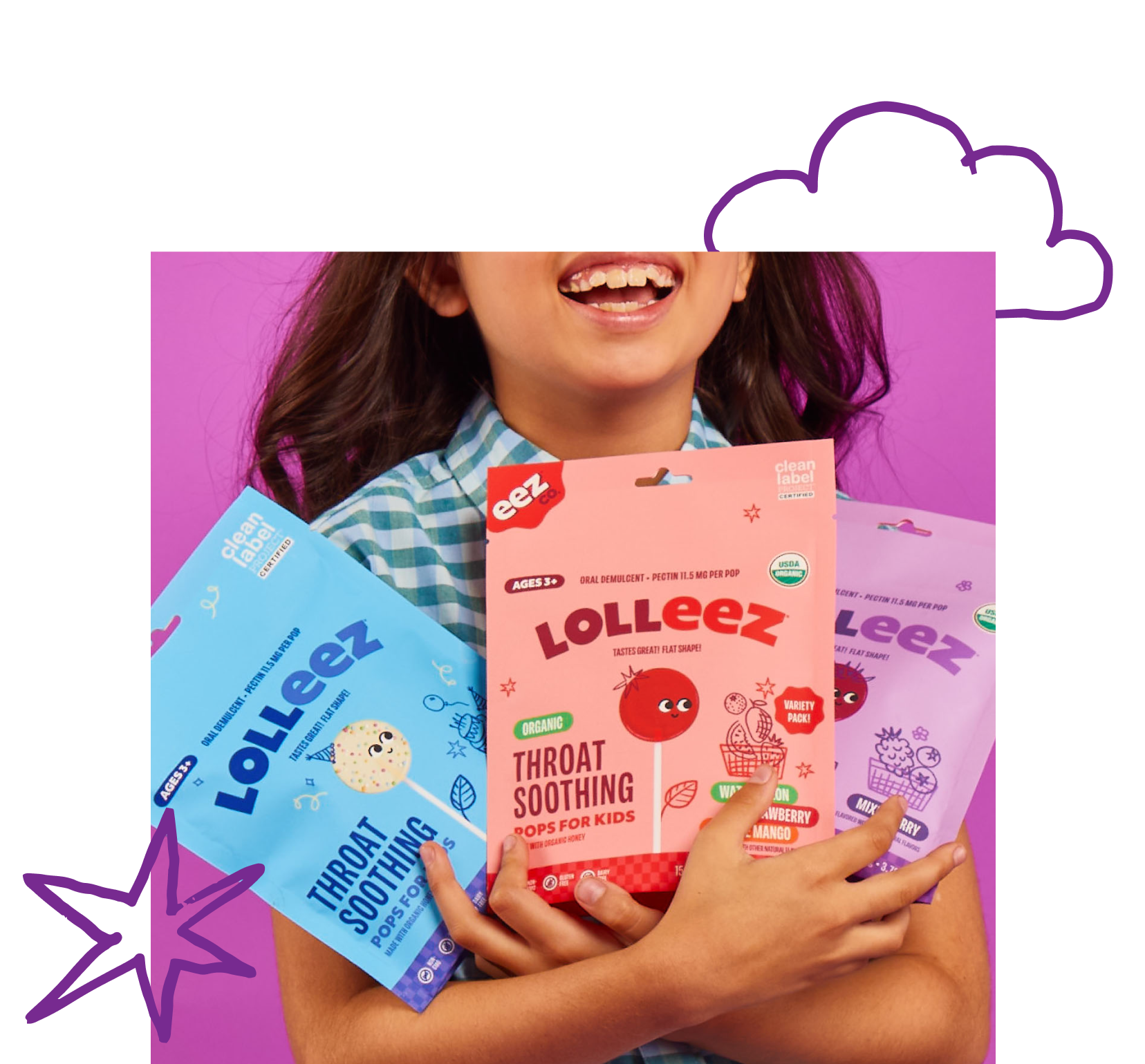 Kid holding bags of Lolleez Throat soothing pops for kids on a bright purple background